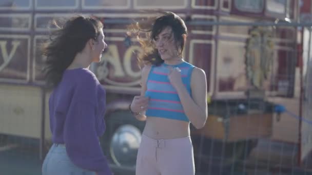 Two Young Women Talk Dance Roller Skates Half Body Shot — Vídeos de Stock