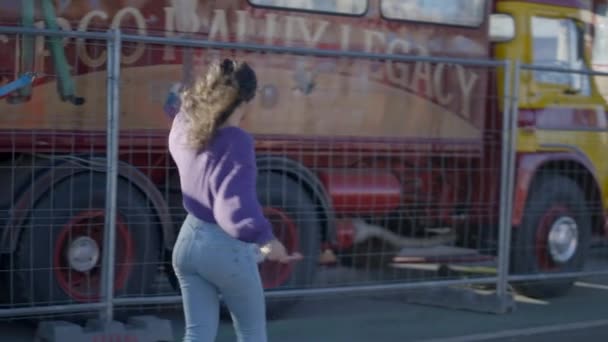 Dark Haired Girl Lollipop Dressed Purple Roller Skates Slomo Horizontal — Vídeo de Stock