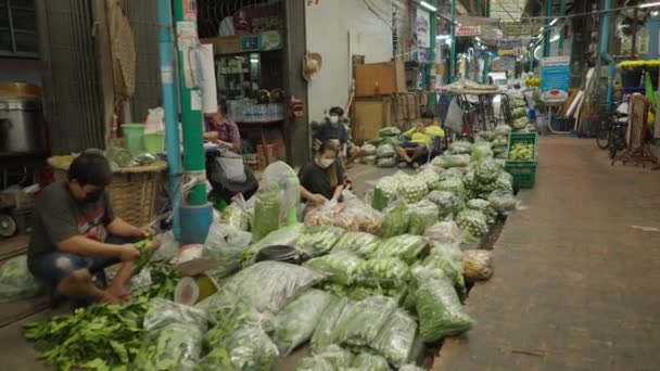 Sale Fresh Vegetables Placed Rows Side Lane Bangkok Pak Khlong — стоковое видео