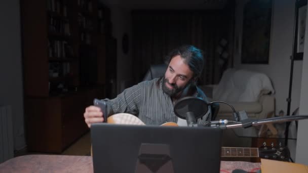 Bearded Musician Doing Selfie Playing Song Online Streaming Slow Motion — Stock videók