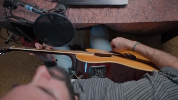 Hands Musician Playing Guitar Home Made Studio Close Shot — Video Stock