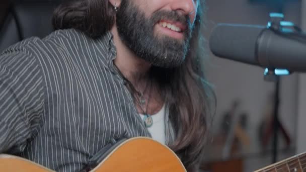Young Bearded Long Haired Musician Performing One His Last Songs — Stockvideo