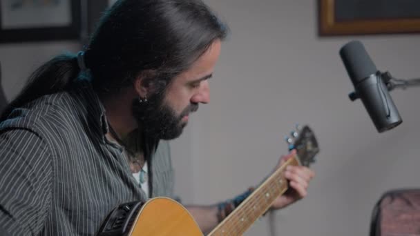 Young Bearded Guitarist Playing Mini Concert Online Close Shot — Wideo stockowe