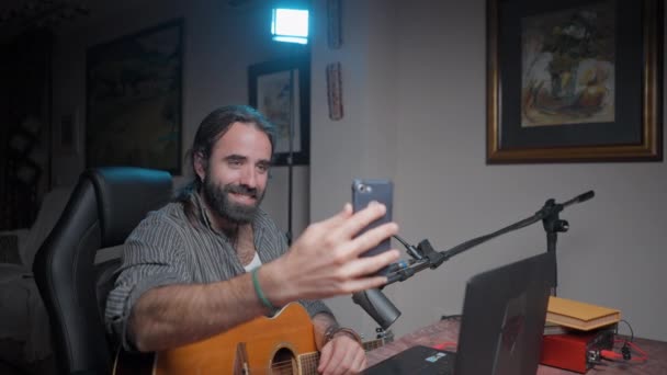 Smiling Musician Taking Selfie His Home Studio Slow Motion Middle — 图库视频影像