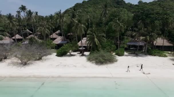 Aerial View Romantic Couple Walking Beautiful Tropical Beach Amazing View — Stock video