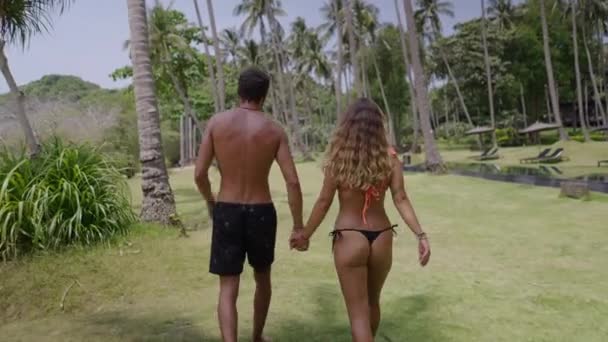 Backside View Young Couple Roaming Garden Area Keeping Hand Hand — Wideo stockowe