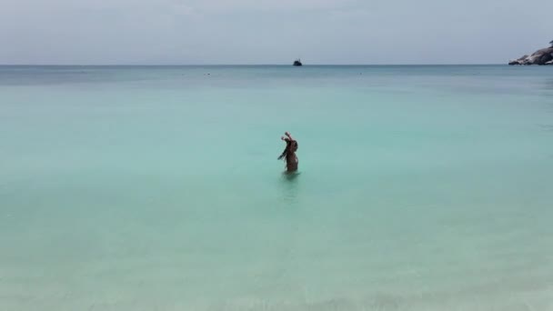 Drone Shot Beautiful Model Girl Enjoying Sea Laughing Beautiful Hot — Stockvideo