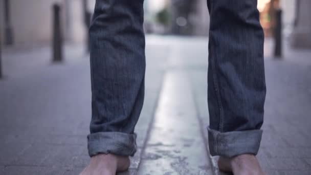 Camera Shows Young Backpacker Feet Reveals His Face Serious Look — Video