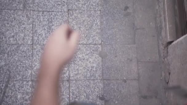 Point View Young Backpacker Feet Walking City Tiles Barefoot Horizonal — Video