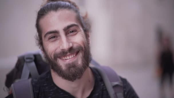 Close Young Caucasian Man Smiling Camera Show Positive Emotions Horizonal — Video