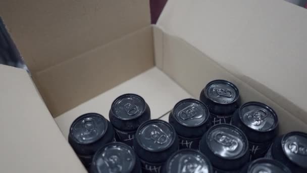 Εργαζόμενος Βάζοντας Τις Κονσέρβες Beers Στο Κουτί Συσκευασίας Στο Εργοστάσιο — Αρχείο Βίντεο