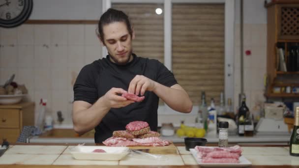 Handsome Chef Preparing Food Friends Home Traditional Spanish Kitchen Horizontal — Wideo stockowe