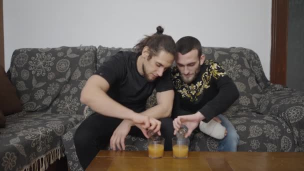 Couple Friends Put Shot Alcohol Some Juice Make Toast Celebrate — Stock videók