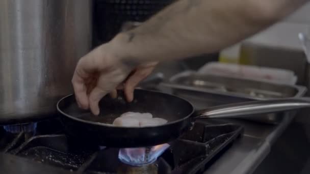 Male Chef Hands Puts Pieces Fish Frying Pan Salts Them — Wideo stockowe