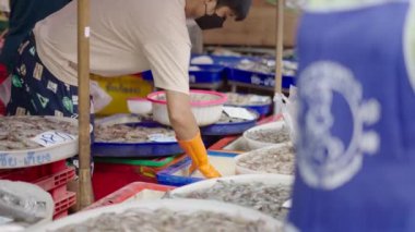 Young merchant preparing lobsters for sale in Bangkok fish market - 4K Horizontal video