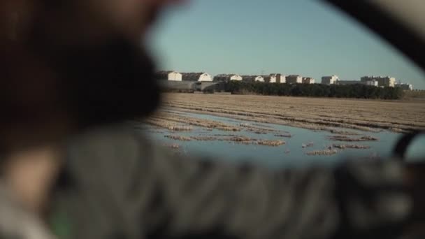 Unrecognizable Man Driving Rural Area Next Lake Valencia Spain Horizontal — Stockvideo
