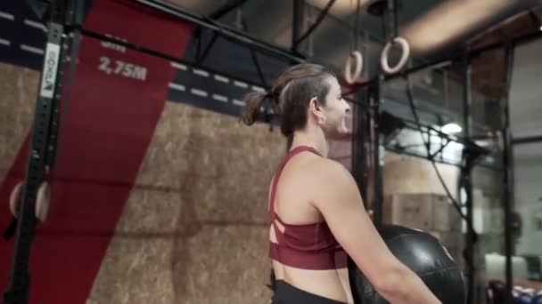 Happy Woman Carrying Exercise Ball Satisfying Exercise Session Slow Motion — Vídeos de Stock