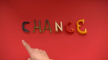word CHANGE formed with chopped vegetables with hand pointing through each letter against climate change - Horizontal video