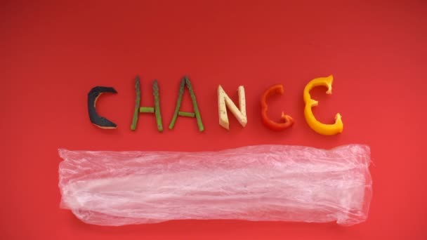 Word Change Formed Chopped Vegetables Climate Change Plastics Horizontal Video — Vídeos de Stock