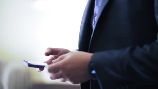 Man Elegant Suit Using His Phone Close Horizontal Video — Vídeos de Stock