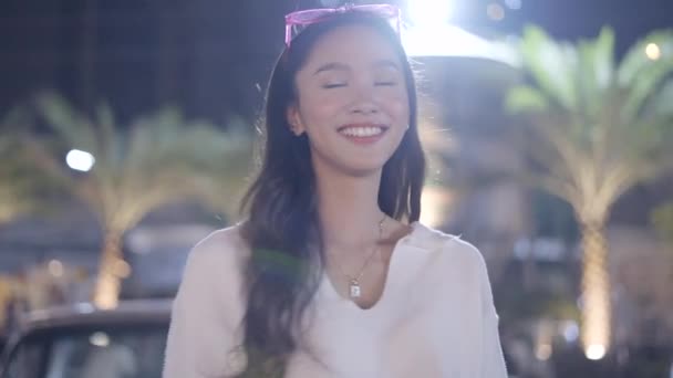 Happy Cheerful Girl Wearing Her White Dress Rejoicing Looking Camera — Vídeo de Stock