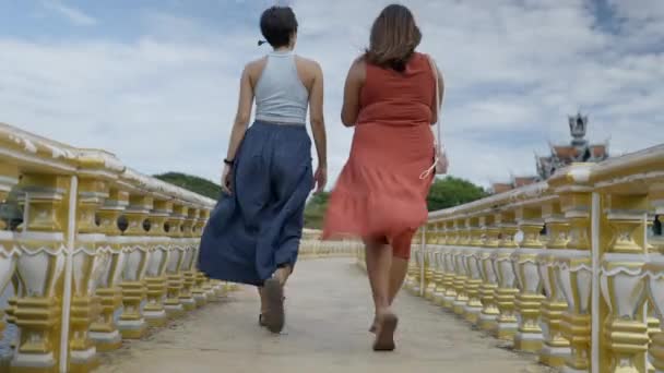 Back View Two Women Walking Bridge Ancient City Museum Park — Video Stock
