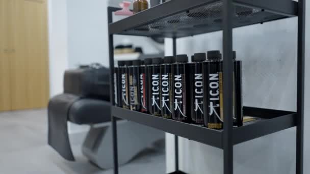 Hair Products Displayed Storage Cart Shampoo Chair Hair Salon Horizontal — Video Stock