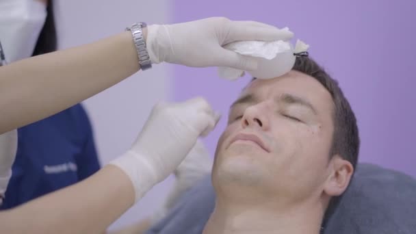 Caucasian Man His Forties Gets Cosmetic Skin Treatment Crows Feet — Vídeo de Stock