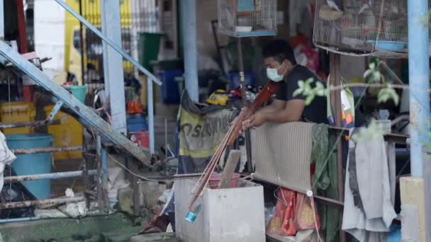 Spear Fisherman Holding Speargun Pier Bangkok Thailand Wide Horizontal Video — Video Stock