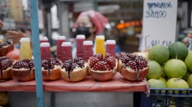 Pomegranate Fruits In Stall Market At The Street Of Chinatown In Bangkok, Thailand. Tracking Selective Focus - 4K Horizontal video
