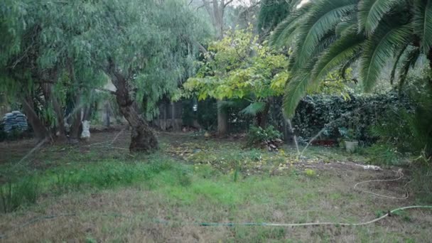 Irrigatiesysteem Functioneert Achtertuin Bij Traditioneel Spaans Huis Horizontale Video — Stockvideo
