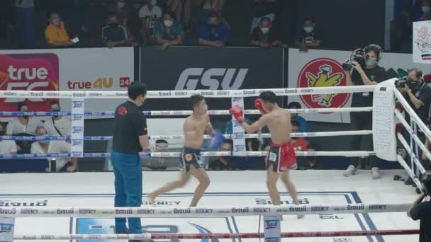 Δύο Νεαροί Άνδρες Muay Thai Παίκτες Αγωνίζονται Στο Ρινγκ Πυγμαχίας — Αρχείο Βίντεο