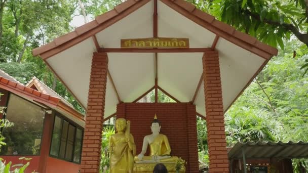 Onherkenbare Persoon Zit Bij Beelden Tempel Thailand Kantelen Naar Beneden — Stockvideo