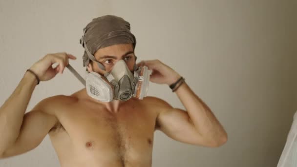 Young Man Wearing Dust Mask Goggles White Background Safety Equipment — Stock Video