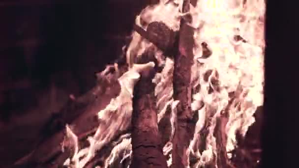Incendio Mientras Leña Arde Chimenea Horizontal Video — Vídeos de Stock