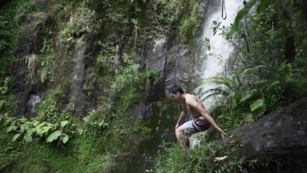 Latynos Skacze Skał Wodospadu Nowej Zelandii Horizontal Video — Wideo stockowe