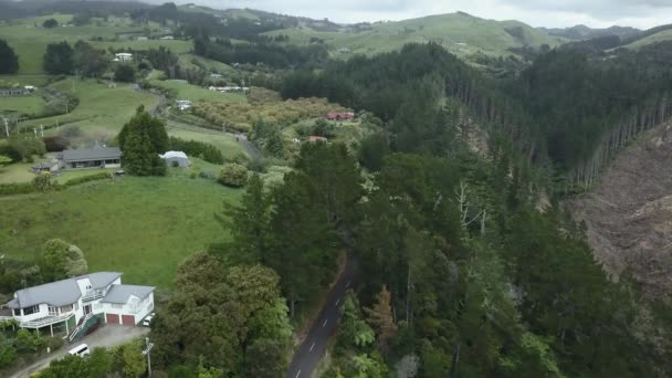 ニュージーランドのコテージ付き緑の牧草地の空中ビュー 4K水平ビデオ — ストック動画
