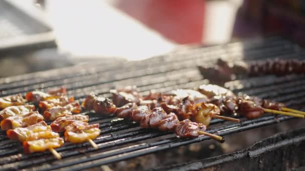 泰国曼谷街上的猪肠子和肉在烤架上烤着 4K水平视频 — 图库视频影像