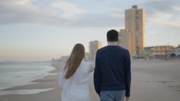 Вид Ззаду Двох Друзів Які Ходять Уздовж Пляжу Розмовляють Друзі — стокове відео