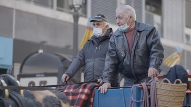 Velhos Andando Carruagem Bênção Desfile Dos Animais Festa Santo António — Vídeo de Stock