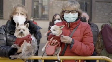 İspanya 'nın Valencia kentinde düzenlenen Sant Antoni Festivali sırasında köpeklerini barikatın arkasında taşıyan iki orta yaşlı kadın. - Kapat - 4K Yatay Video