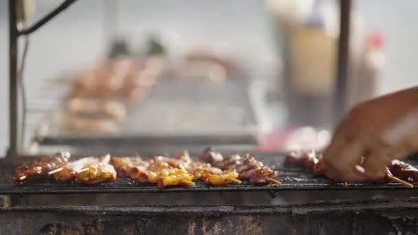 Thai Street Food Femeie Flipping Barbecue Skewers Griller Charcoal Close — Videoclip de stoc