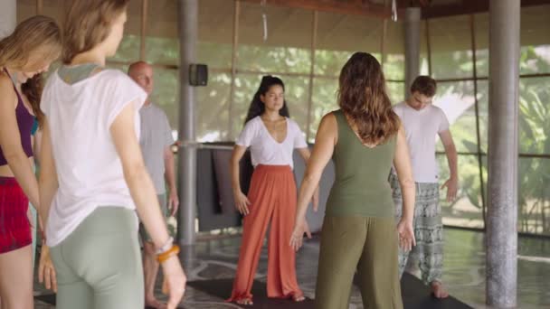 Mixed Race Yoga Class Stand Mit Geöffneten Armen Und Meditation — Stockvideo