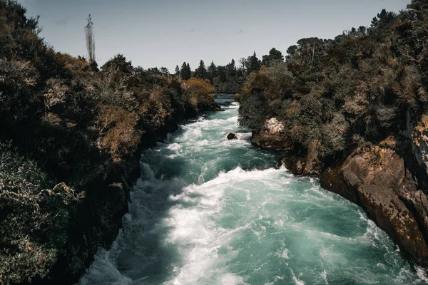 strong water current of the waikato river formed by the unevenness of the land between the forest and the vegetation, huka falls, new zealand - Travel concept