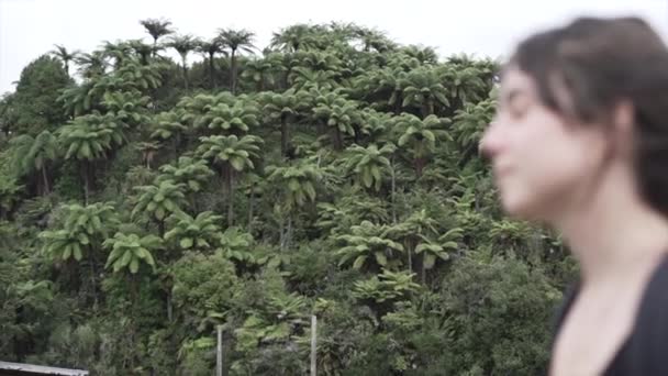 Mujer Irreconocible Caminando Por Bosque Isla Whenuakura Nueva Zelanda Horizontal — Vídeo de stock