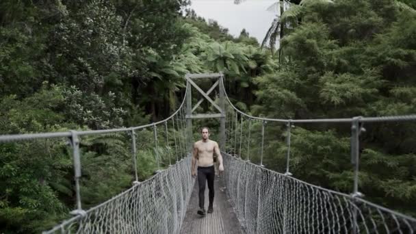 男は島のジャングルのつり橋を横切りニュージーランドを歩く 4K水平ビデオ — ストック動画