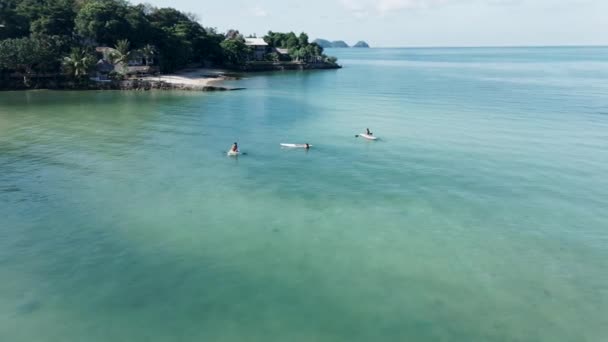 Drone Aproxima Grupo Amigos Praticando Paddle Boarding Suas Férias Tailândia — Vídeo de Stock