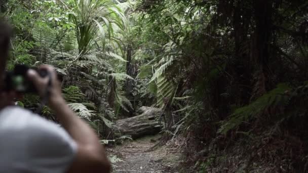 男写真家はニュージーランドの桜島の緑のジャングルをカメラを手にして走ります 4K水平ビデオ — ストック動画