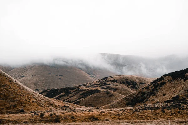 sad mountains in a desolate landscape without trees and with some bushes with low clouds on the summit and a gloomy gray sky without the suns rays, mount cook, new zealand - Travel concept