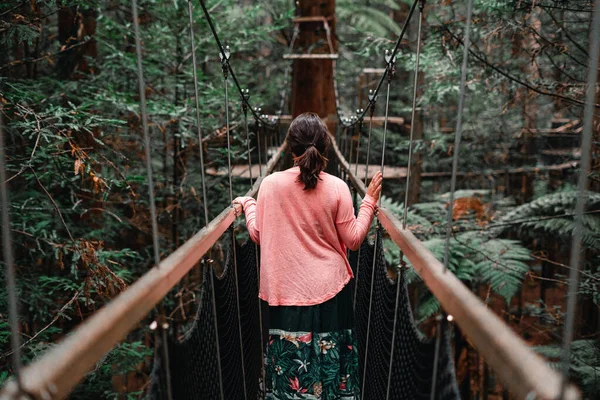 Caucasian Girl Colorful Skirt Pink Shirt Walking Her Back Relaxed — Stock Photo, Image